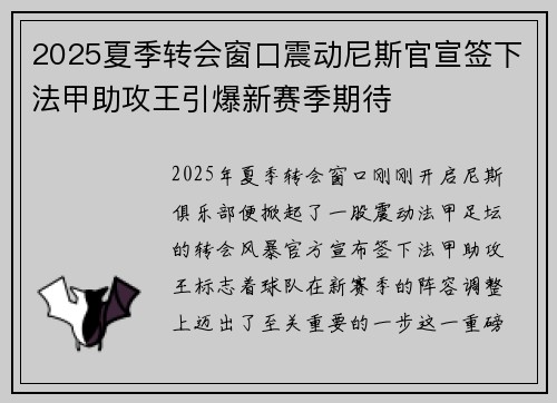 2025夏季转会窗口震动尼斯官宣签下法甲助攻王引爆新赛季期待 2025夏季转会窗口震动尼斯官宣签下法甲助攻王引爆新赛季期待