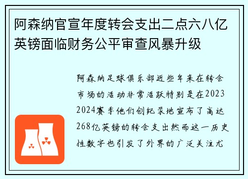 阿森纳官宣年度转会支出二点六八亿英镑面临财务公平审查风暴升级